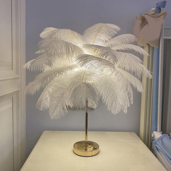 White Feather Table Lamp with Gold Metal Base, Dimmable Touch Table Lamp Nightstand Lamp, Desk Night Light on Desk ErisView