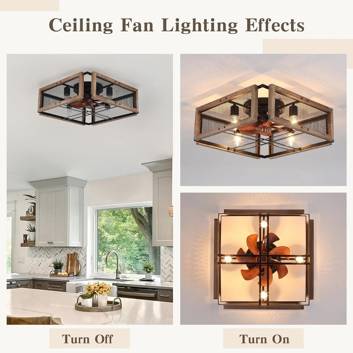 Wood Ceiling Fan with Light and Remote Control, Rustic Bladeless Cage Ceiling Fan, Low Profile Flush Mount Ceiling Fan for Bedroom Kitchen Living Room-2-ErisView