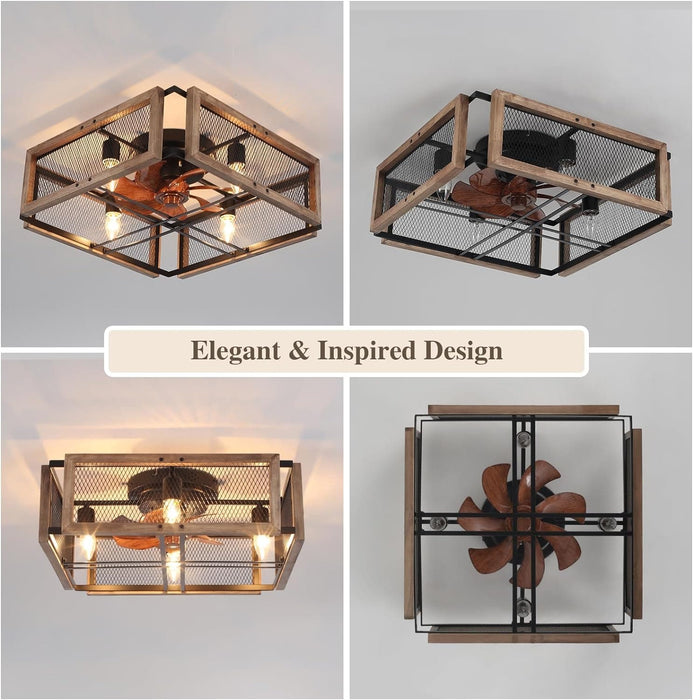 Wood Ceiling Fan with Light and Remote Control, Rustic Bladeless Cage Ceiling Fan, Low Profile Flush Mount Ceiling Fan for Bedroom Kitchen Living Room-3-ErisView