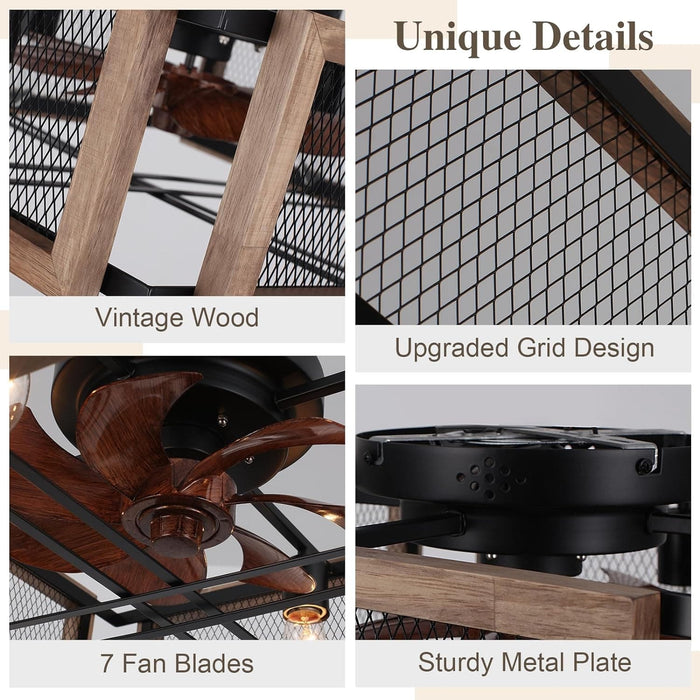 Wood Ceiling Fan with Light and Remote Control, Rustic Bladeless Cage Ceiling Fan, Low Profile Flush Mount Ceiling Fan for Bedroom Kitchen Living Room-4-ErisView