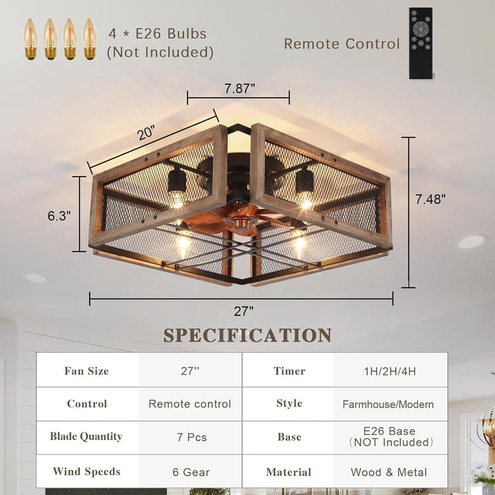 Wood Ceiling Fan with Light and Remote Control, Rustic Bladeless Cage Ceiling Fan, Low Profile Flush Mount Ceiling Fan for Bedroom Kitchen Living Room-5-ErisView