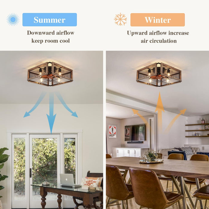 Wood Ceiling Fan with Light and Remote Control, Rustic Bladeless Cage Ceiling Fan, Low Profile Flush Mount Ceiling Fan for Bedroom Kitchen Living Room-8-ErisView