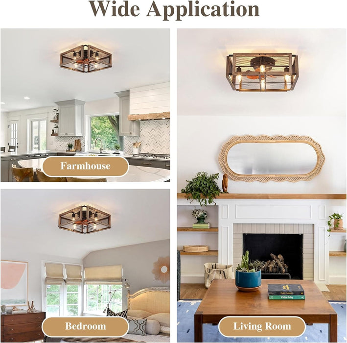 Wood Ceiling Fan with Light and Remote Control, Rustic Bladeless Cage Ceiling Fan, Low Profile Flush Mount Ceiling Fan for Bedroom Kitchen Living Room-9-ErisView