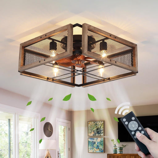 Wood Ceiling Fan with Light and Remote Control, Rustic Bladeless Cage Ceiling Fan, Low Profile Flush Mount Ceiling Fan for Bedroom Kitchen Living Room-1-ErisView