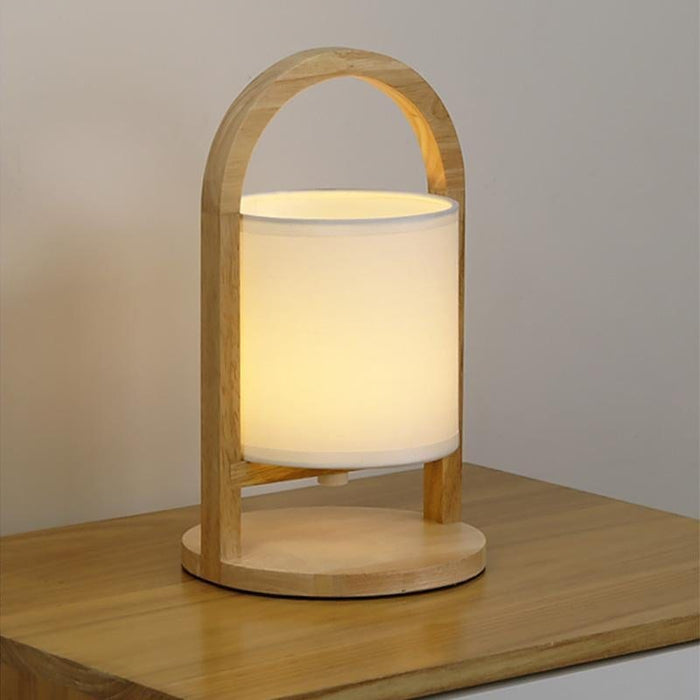 Portable Linen Shade Lantern with Wood Handle Battery Operated Table Lamp