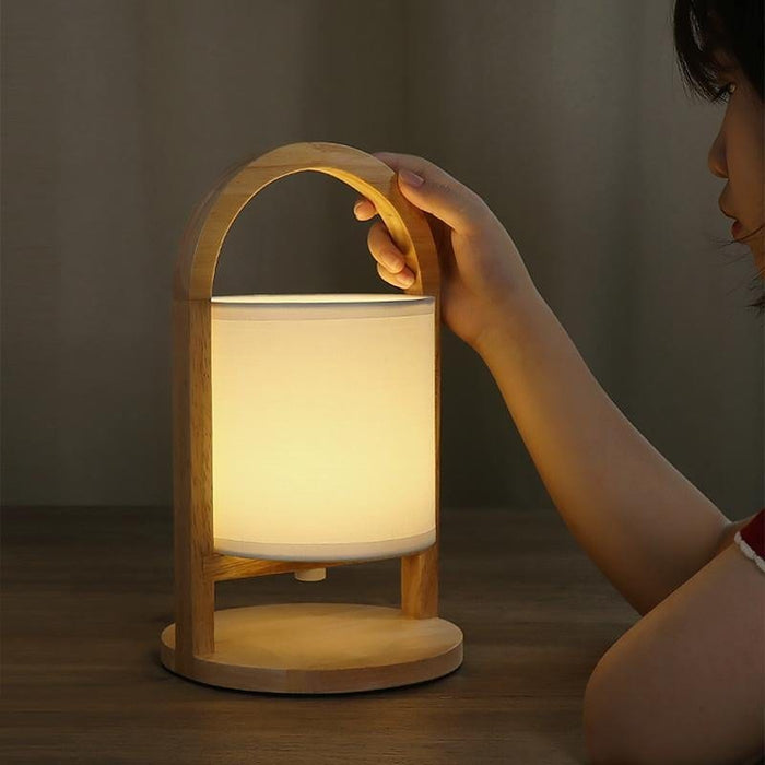 Portable Linen Shade Lantern with Wood Handle Battery Operated Table Lamp