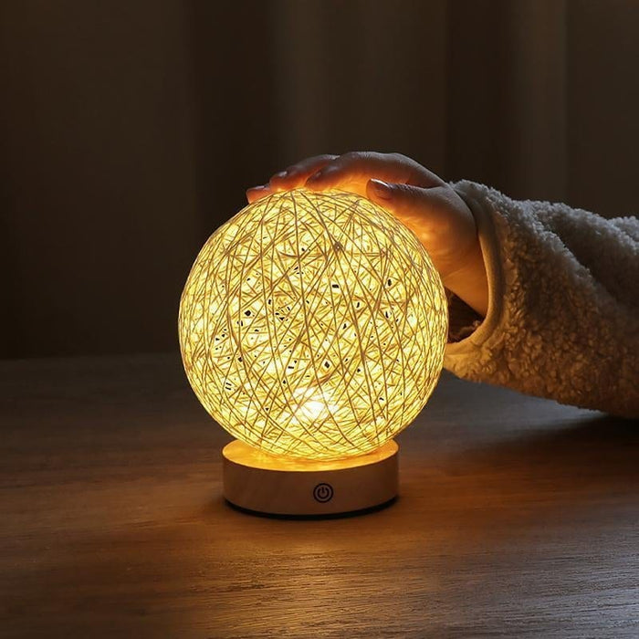 6'' Nordic LED Wooden Base Wicker Shade Table Lamps Built-in Battery Desk Reading Light