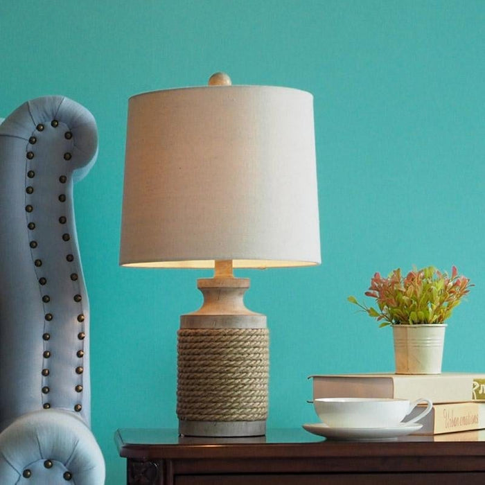 Rustic 1 Head Rope Column Table Lamp Beige Nightstand Light with Drum Shade