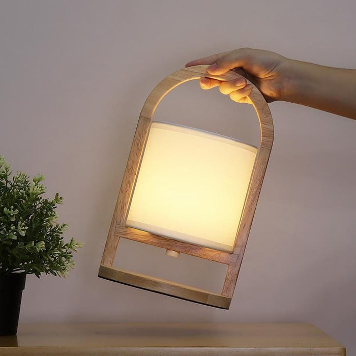 Portable Linen Shade Lantern with Wood Handle Battery Operated Table Lamp