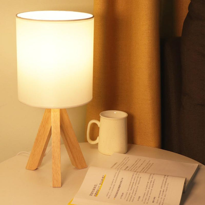 15 In.H Wood Tripod Table Lamp with Linen Shade LED Nightstand Lamps
