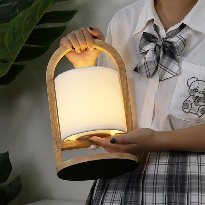 Portable Linen Shade Lantern with Wood Handle Battery Operated Table Lamp