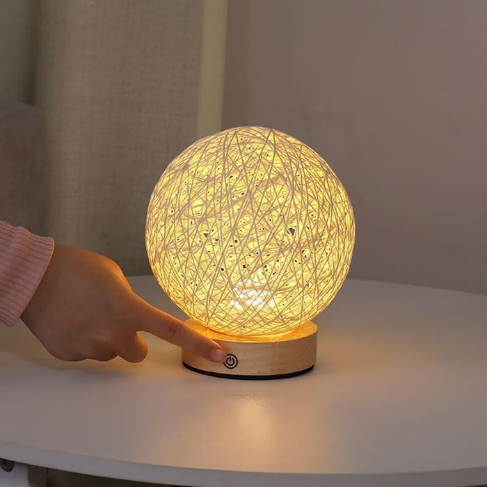 6'' Nordic LED Wooden Base Wicker Shade Table Lamps Built-in Battery Desk Reading Light