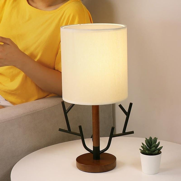 LED Nordic Wooden Tree Branch Table Lamp With Fabric Shade 1-Light  E27 Bedside Light
