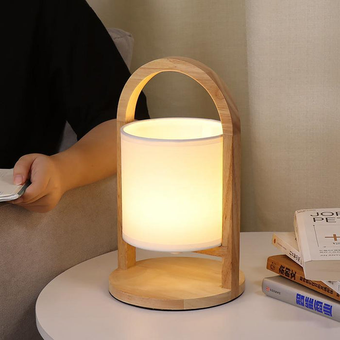 Portable Linen Shade Lantern with Wood Handle Battery Operated Table Lamp
