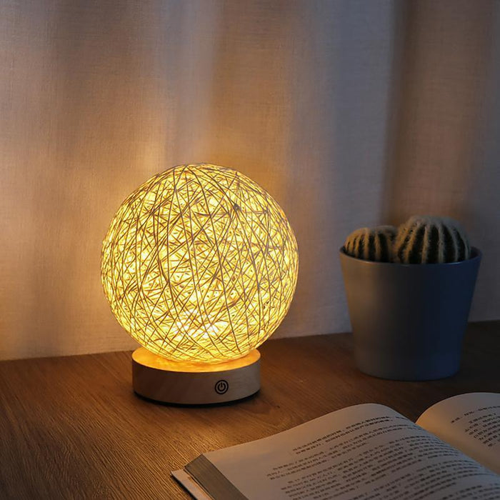 6'' Nordic LED Wooden Base Wicker Shade Table Lamps Built-in Battery Desk Reading Light