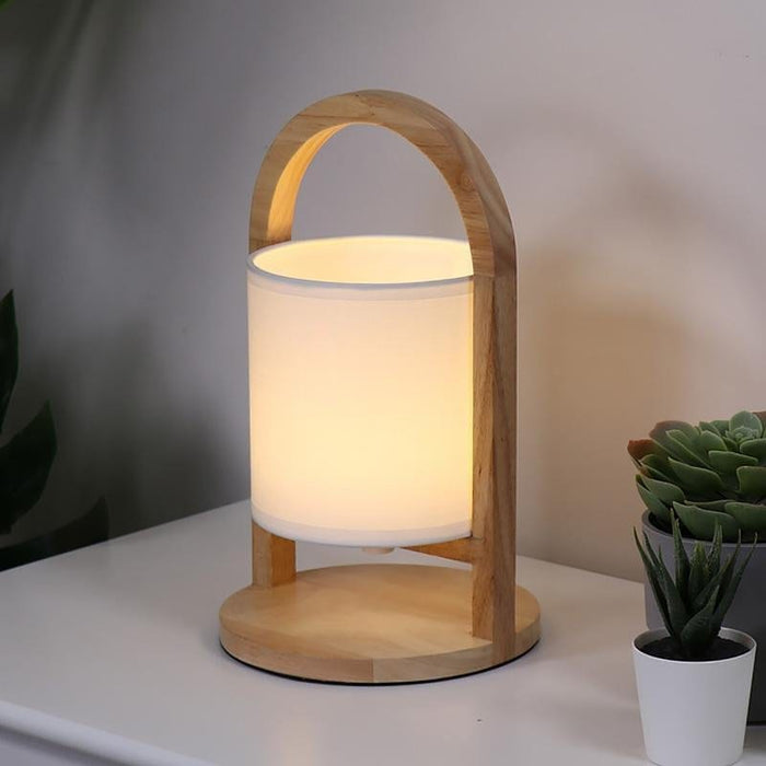 Portable Linen Shade Lantern with Wood Handle Battery Operated Table Lamp