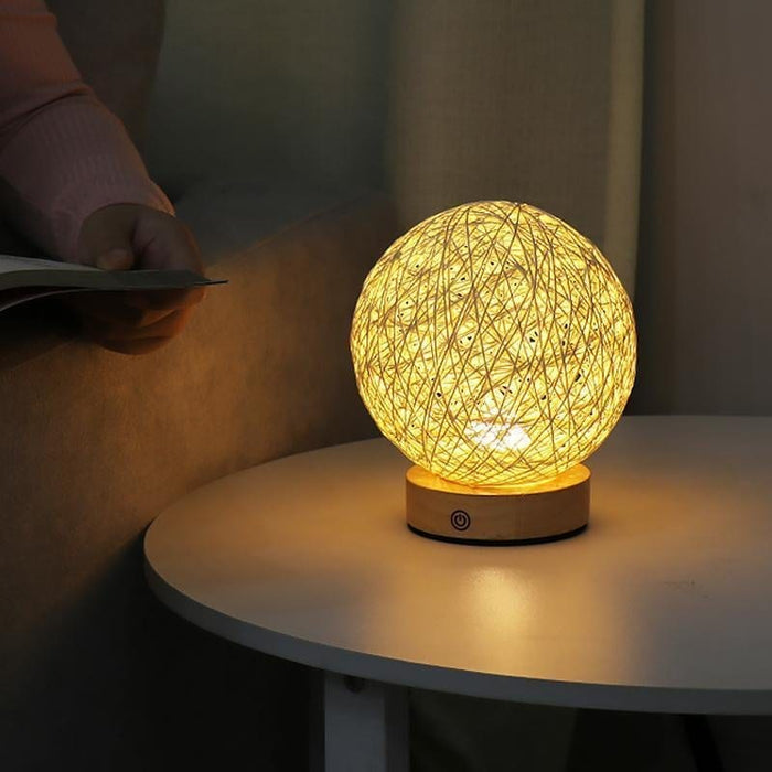 6'' Nordic LED Wooden Base Wicker Shade Table Lamps Built-in Battery Desk Reading Light