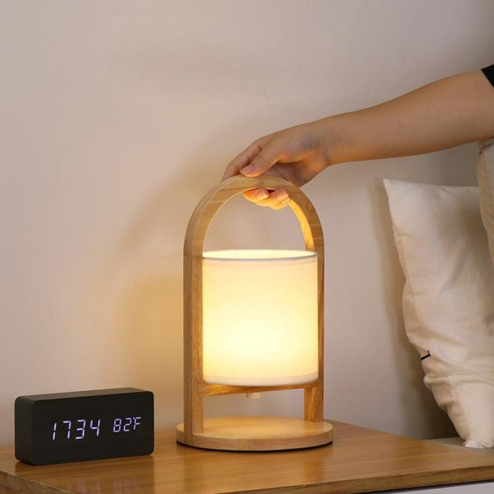 Portable Linen Shade Lantern with Wood Handle Battery Operated Table Lamp