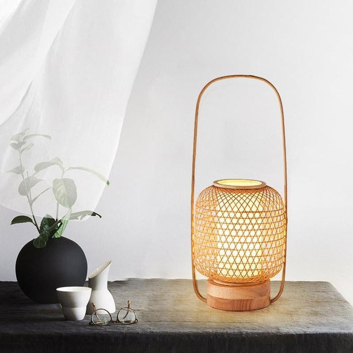 Japanese Handmade Bamboo Lantern Table Lamp with USB Port and Handle