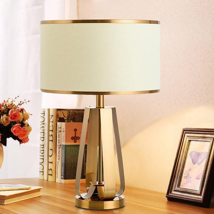 22 In.H 1-Light Drum Linen Shade Table Lamp with Gold Geometric Base