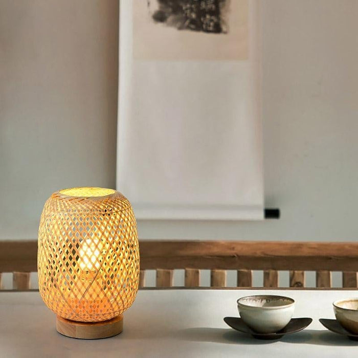 Rattan Bamboo Table Lamps with wood base. E27/E26 LED Natural Woven Bedside Desk NightLight