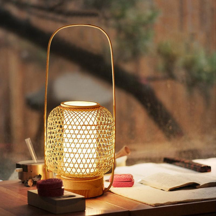 Japanese Handmade Bamboo Lantern Table Lamp with USB Port and Handle