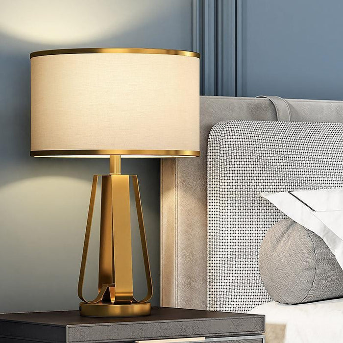 22 In.H 1-Light Drum Linen Shade Table Lamp with Gold Geometric Base
