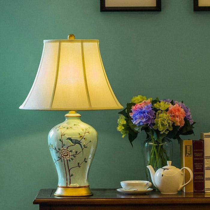 23'' Antique Porcelain Table Lamp in Pale Green with Birds and Branches