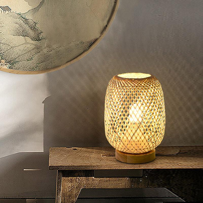 Rattan Bamboo Table Lamps with wood base. E27/E26 LED Natural Woven Bedside Desk NightLight