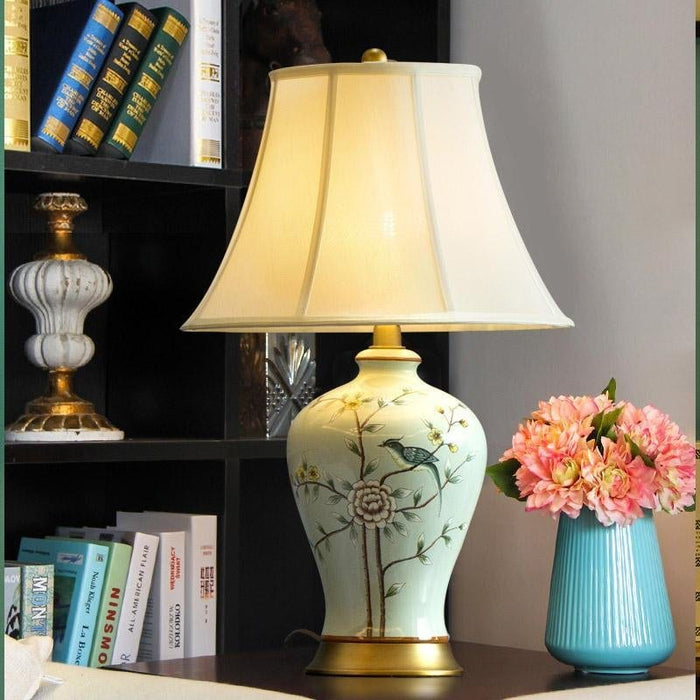 23'' Antique Porcelain Table Lamp in Pale Green with Birds and Branches