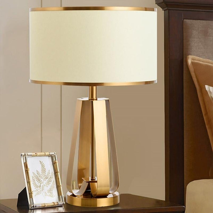 22 In.H 1-Light Drum Linen Shade Table Lamp with Gold Geometric Base