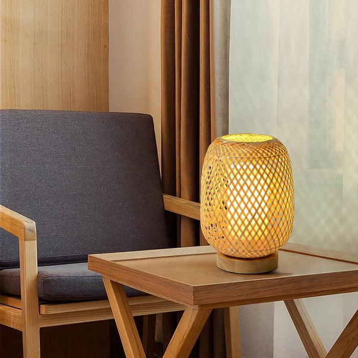 Rattan Bamboo Table Lamps with wood base. E27/E26 LED Natural Woven Bedside Desk NightLight