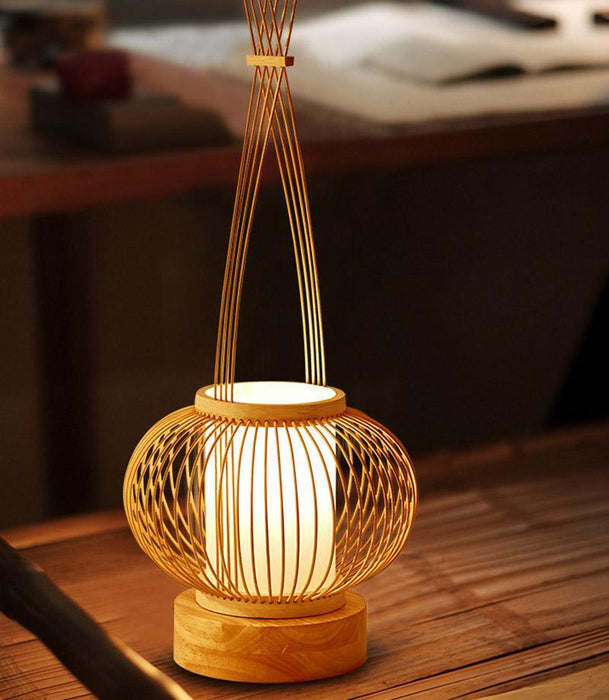 Japanese Handmade Bamboo Lantern Table Lamp with USB Port and Handle