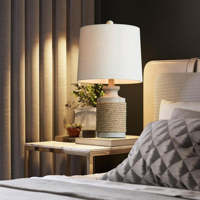 Rustic 1 Head Rope Column Table Lamp Beige Nightstand Light with Drum Shade