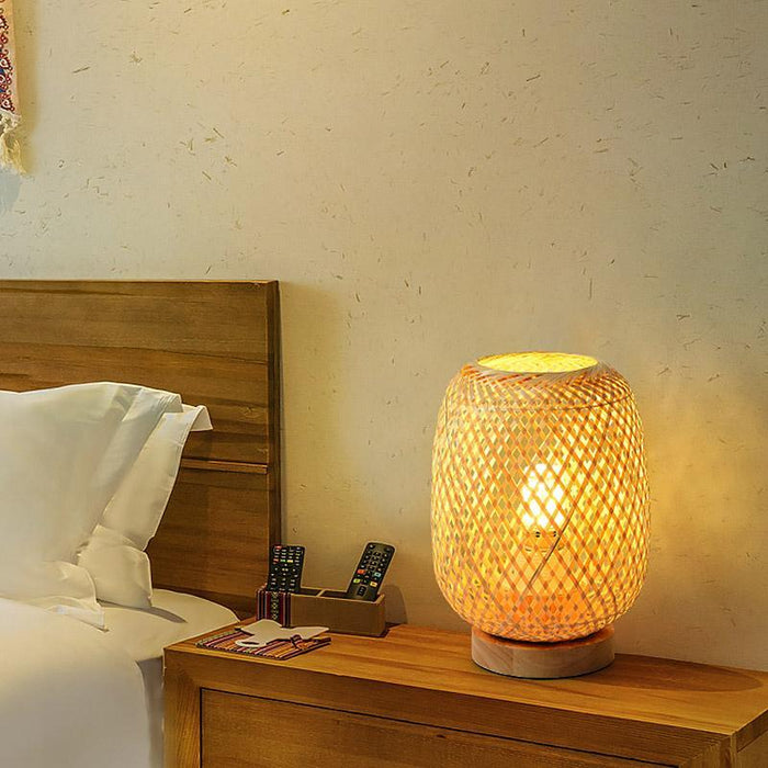 Rattan Bamboo Table Lamps with wood base. E27/E26 LED Natural Woven Bedside Desk NightLight