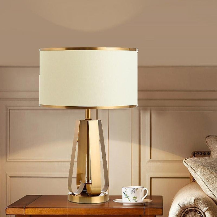 22 In.H 1-Light Drum Linen Shade Table Lamp with Gold Geometric Base