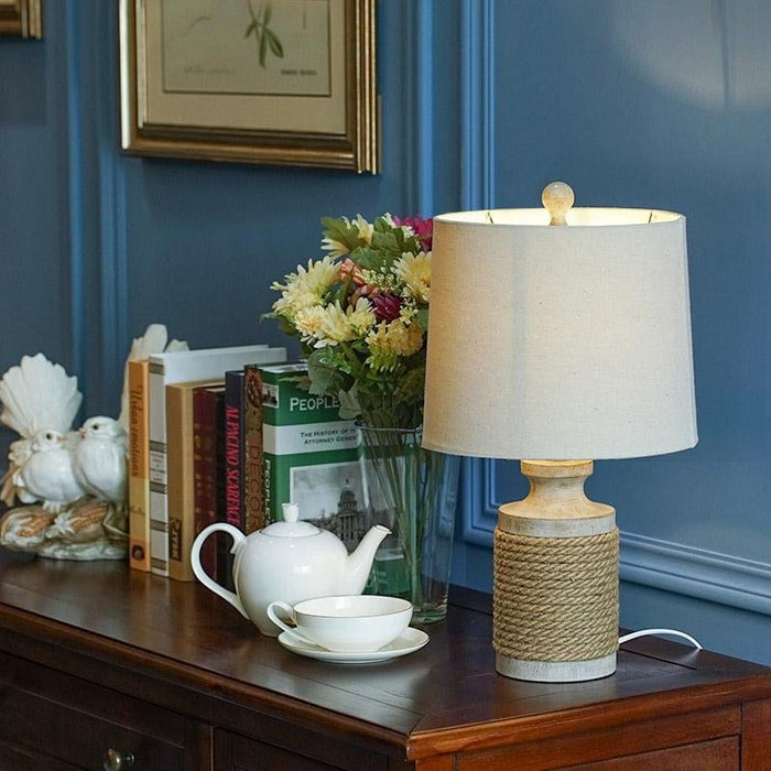Rustic 1 Head Rope Column Table Lamp Beige Nightstand Light with Drum Shade