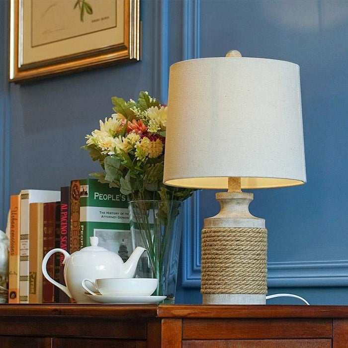 Rustic 1 Head Rope Column Table Lamp Beige Nightstand Light with Drum Shade