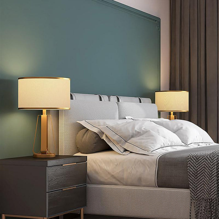 22 In.H 1-Light Drum Linen Shade Table Lamp with Gold Geometric Base