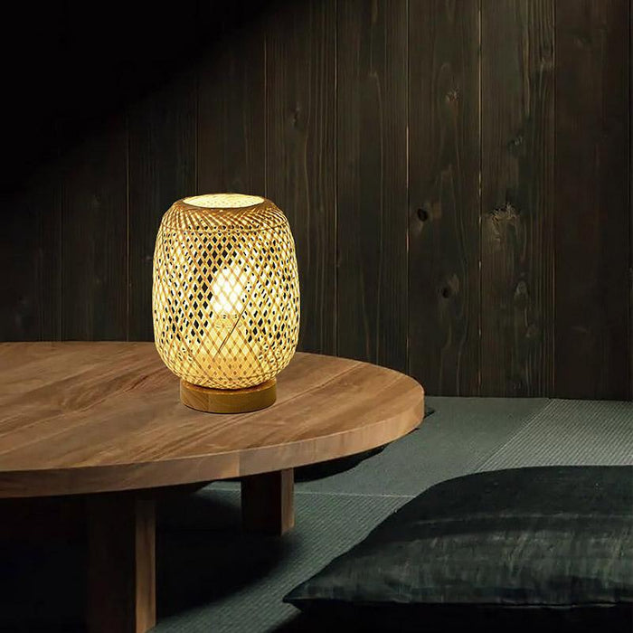 Rattan Bamboo Table Lamps with wood base. E27/E26 LED Natural Woven Bedside Desk NightLight