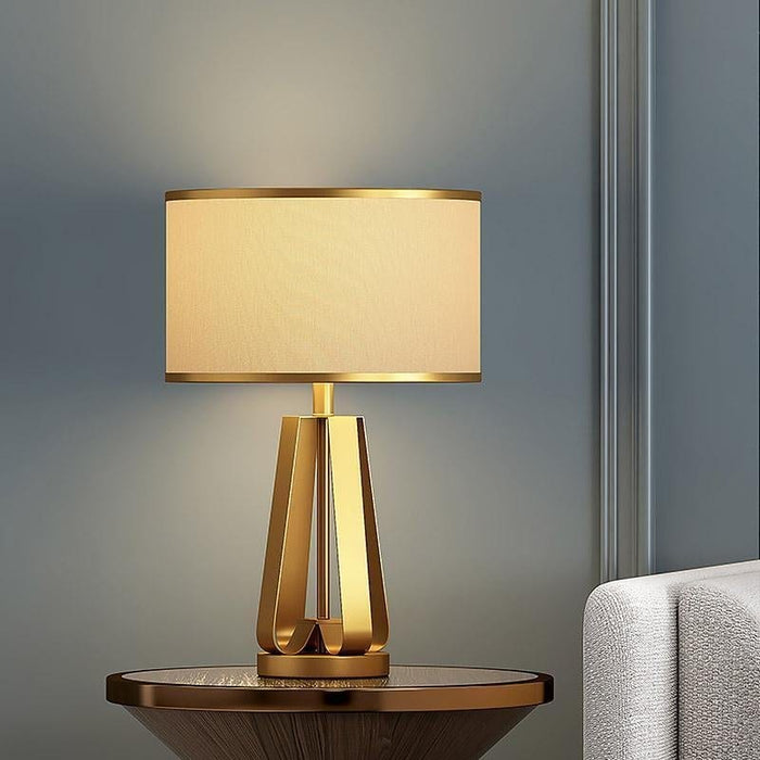 22 In.H 1-Light Drum Linen Shade Table Lamp with Gold Geometric Base