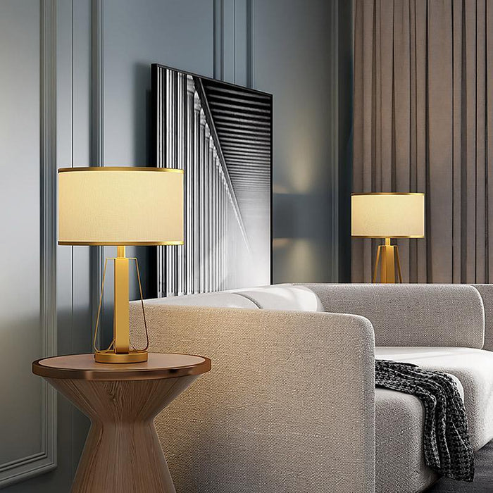 22 In.H 1-Light Drum Linen Shade Table Lamp with Gold Geometric Base