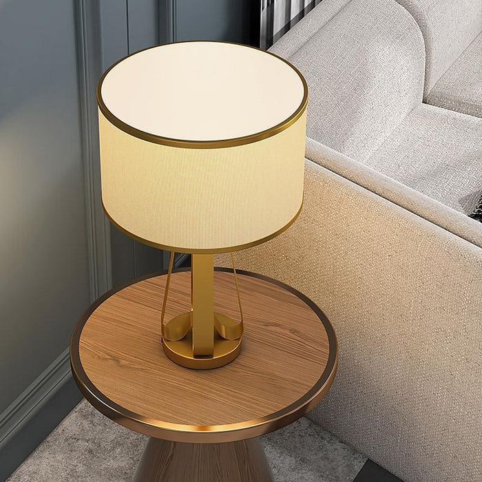 22 In.H 1-Light Drum Linen Shade Table Lamp with Gold Geometric Base