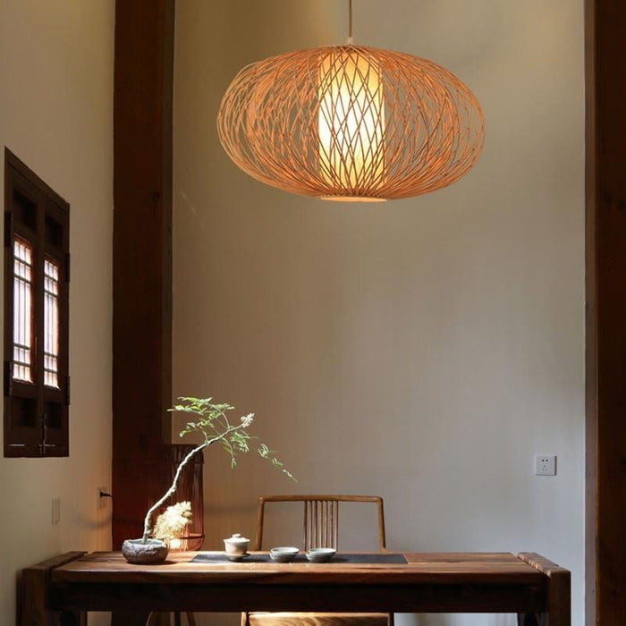 Candyfloss Shaped Ceiling Light Horizontally Oval Bamboo Woven Pendant Light