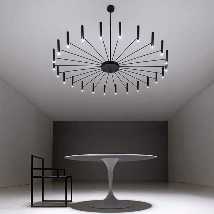 Modern 24-light Streamlined Round Chandelier - 24 LED Bulbs. 63'' Dia. Adjustable Height. Black Finish