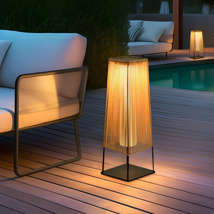 Rattan LED Outdoor Floor Lamp Lantern - Solar/Hardwired, Waterproof, Modern Style