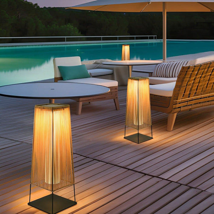 Rattan LED Outdoor Floor Lamp Lantern - Solar/Hardwired, Waterproof, Modern Style