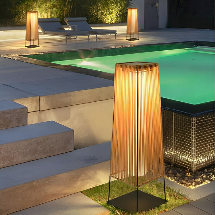 Rattan LED Outdoor Floor Lamp Lantern - Solar/Hardwired, Waterproof, Modern Style