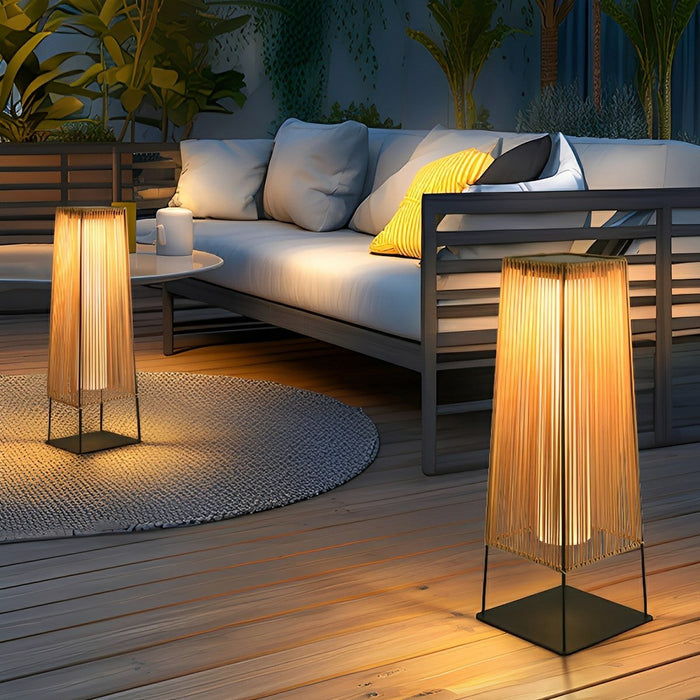 Rattan LED Outdoor Floor Lamp Lantern - Solar/Hardwired, Waterproof, Modern Style
