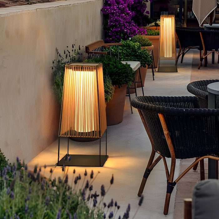Rattan LED Outdoor Floor Lamp Lantern - Solar/Hardwired, Waterproof, Modern Style